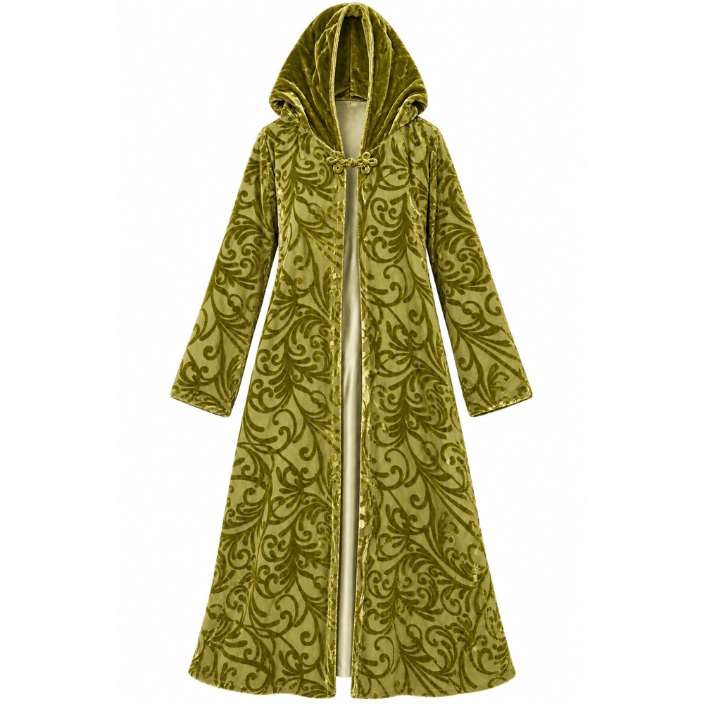 VTG Lucy's Silk Green Burnout Velvet Hooded Duster Coat Cloak Robe XL Whimsigoth